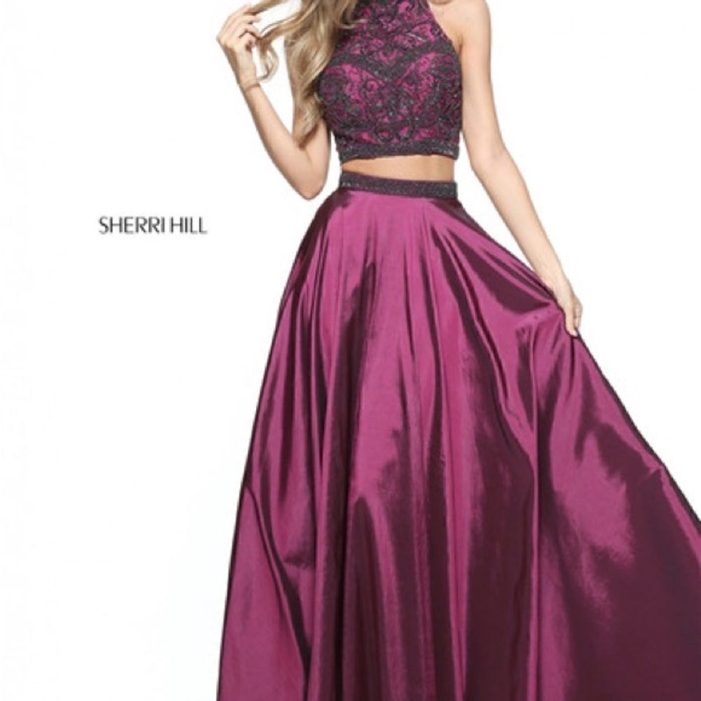 Sherri Hill Plum Two-piece taffeta A-line gown with high neck beaded bod…